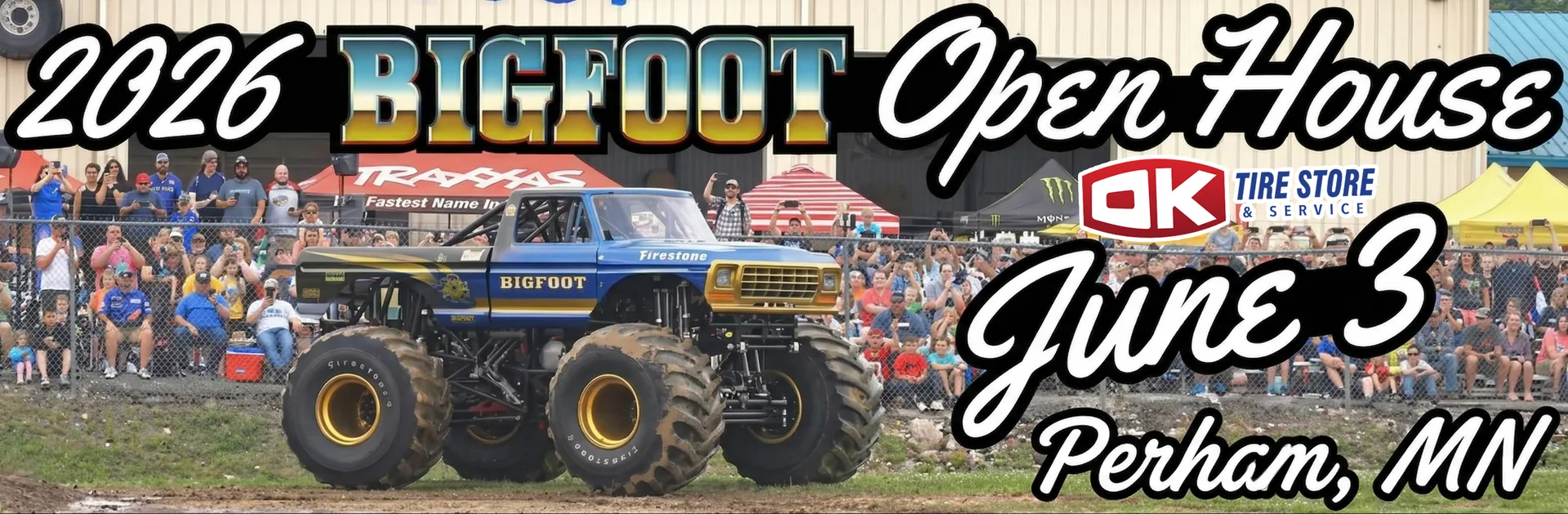Bigfoot monster truck crushing cars at an outdoor event with a cheering crowd, promoting the 2026 OK Tire Perham Open House on June 3